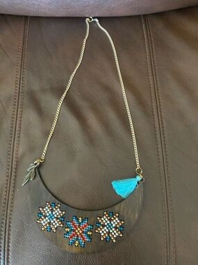 Bohemian Turquoise Tassel Beaded Crescent Necklace